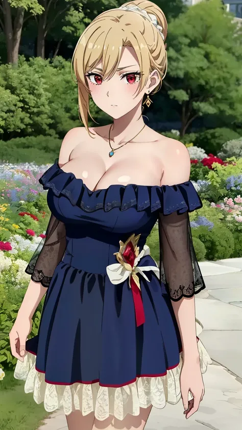 best quality, high resolution, 8K, anime art style, beautiful detailed eyes, extremely detailed face, soft expression, stylish pose, Angelica V4,1girl,solo,red eyes, symmetrical eyes), (false eyelashes), (blue dress, off shoulder dress, lace-trimmed dress,...