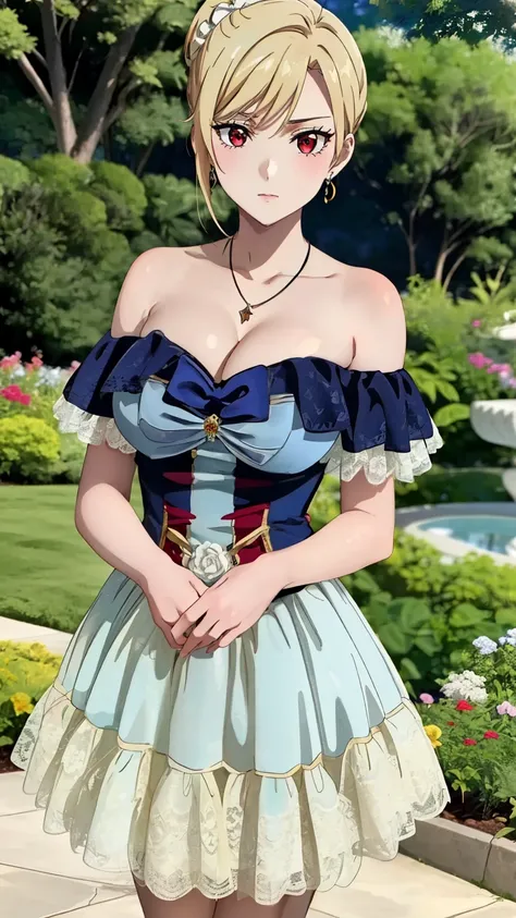 best quality, high resolution, 8K, anime art style, beautiful detailed eyes, extremely detailed face, soft expression, stylish pose, Angelica V4,1girl,solo,red eyes, symmetrical eyes), (false eyelashes), (blue dress, off shoulder dress, lace-trimmed dress,...