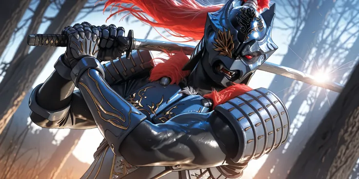 nsfw, furry male, shiny skin, (Zamushar), red hair, (pitch black body manly, masculine, mature, muscular, defined muscles, bara), white pupils, fangs, uneven eyes, (one-eyed), chest armor, waist armor, Gauntlets, (muscular), leg guard, sword guard stance, ...