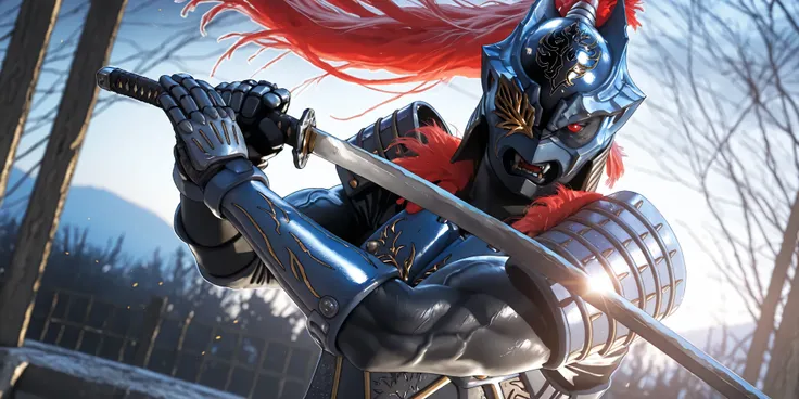 nsfw, furry male, shiny skin, (Zamushar), red hair, (pitch black body manly, masculine, mature, muscular, defined muscles, bara), white pupils, fangs, uneven eyes, (one-eyed), chest armor, waist armor, Gauntlets, (muscular), leg guard, sword guard stance, ...