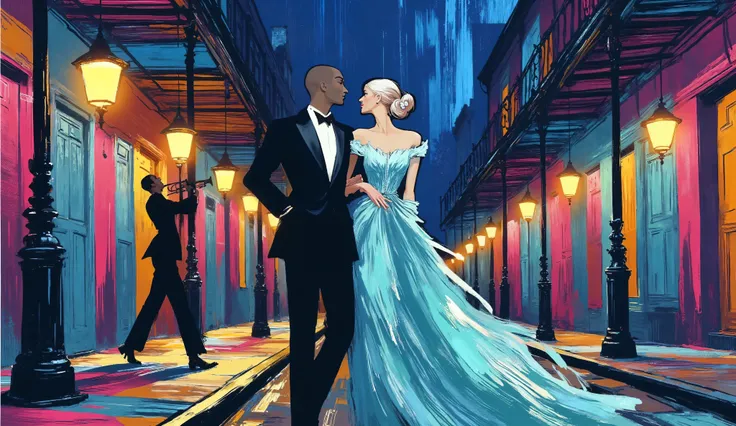 illustration, a couple walking in historic new orleans street, a black man plays trumpet near a street lamp, night, color palette:
Lapis Lazuli, Oxford Blue, Turquoise, Raw Sienna, Brown (Crayola), capture the happiness, the music and the atmosphere from...