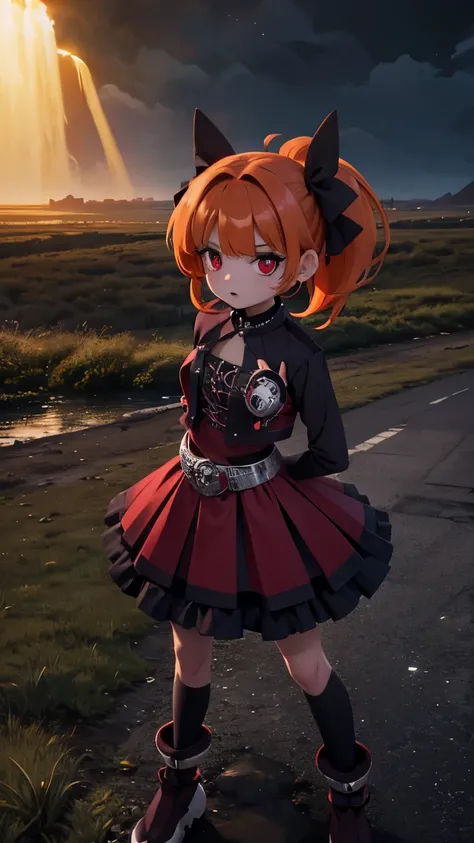 Girl with red orange hair black bow gothic details High resolution, multiple scenarios battle pose, power pose, arrogant pose, ojos rojos, masterpiece, damaged clothing battlefield, random background, Add rain, seeing, meteorites , post-apocalyptic landsc...