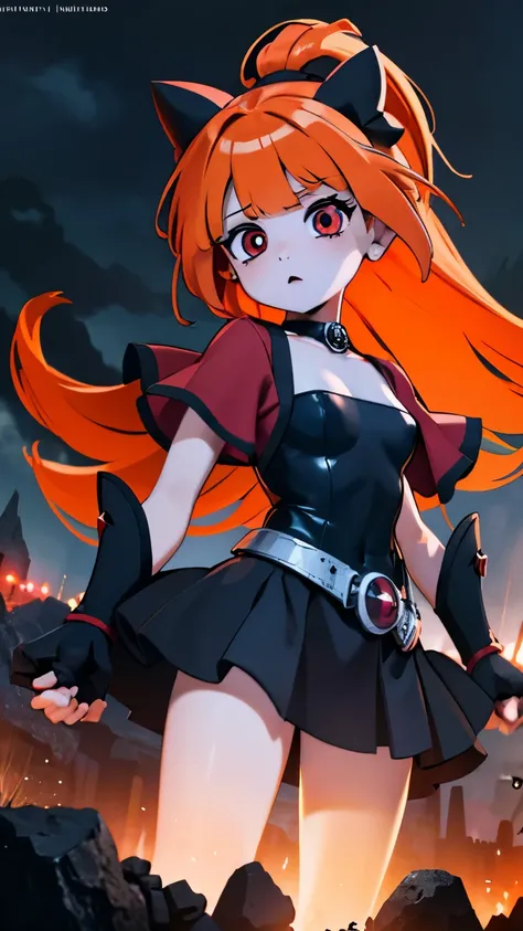 Girl with red orange hair black bow gothic details High resolution, multiple scenarios battle pose, power pose, arrogant pose, ojos rojos, masterpiece, damaged clothing battlefield, random background, Add rain, seeing, meteorites , post-apocalyptic landsc...