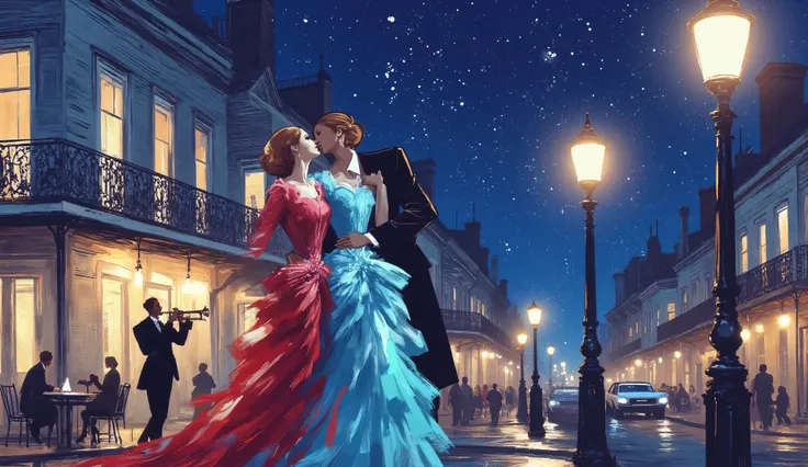 illustration, a couple walking in historic new orleans street,  a black man plays trumpet near a street lamp, night, color palette: 
Lapis Lazuli, Oxford Blue, Turquoise, Raw Sienna, Brown (Crayola), capture the happiness, the music and the atmosphere from...
