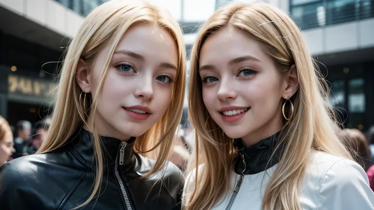 sunny daytime city、two beautiful young and beautiful blond Irish women with platinum blond hair、 two beautiful blonde women with blue eyes looking wide open、22-year-old Hollywood actress、 wearing white blouse with collar inside android suit、 beautiful blon...