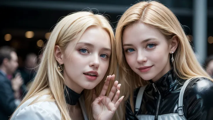 sunny daytime city、two beautiful young and beautiful blond Irish women with platinum blond hair、 two beautiful blonde women with blue eyes looking wide open、22-year-old Hollywood actress、 wearing white blouse with collar inside android suit、 beautiful blon...