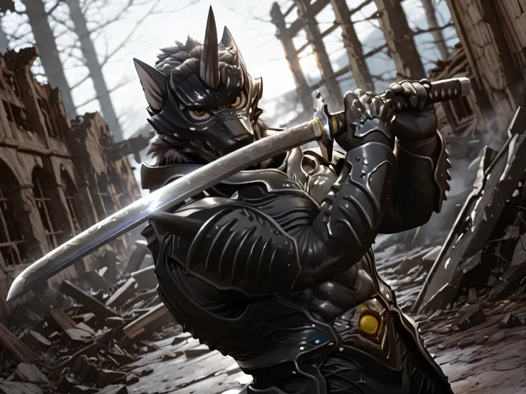 (Zen Aku), Power Rangers Wildforce, wolf, armor, (black body, manly, masculine, mature, muscular, defined muscles, bara), BREAK, sword guard stance, sword, weapon, solo, katana, holding, holding weapon, holding sword, looking at viewer, high collar, upper ...