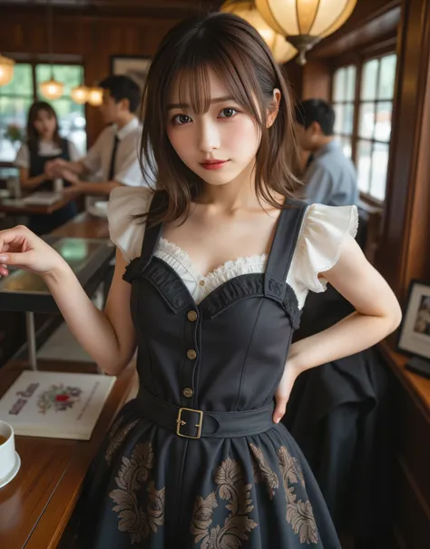 (Highest Quality、table top、8k、Best Picture Quality、超A high resolution:1.5, (photorealistic:1.4),masterpiece:1.2,(top-quality:1.4)、Raw photo)、Woman working at a cafe、maid clothes、maid clothesを着たcafe clerk、(accentuate your body line:1.1)、Portrait of a beaut...