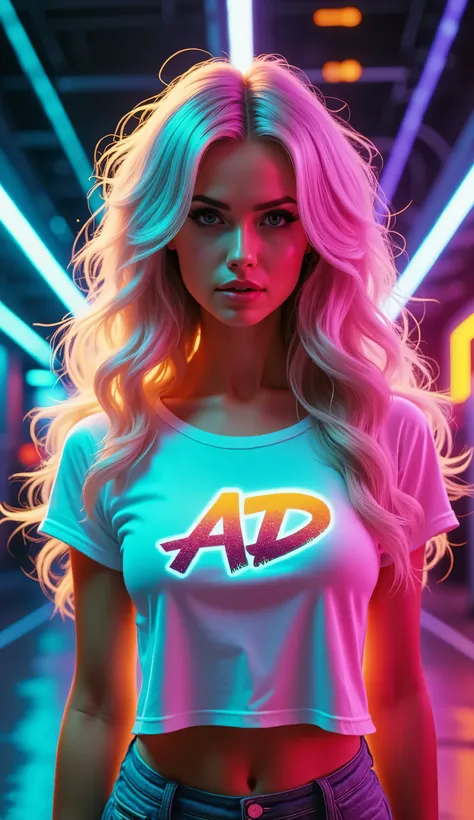 A digital illustration shoot from a portrait camera angle about a stylized portrait of a beautiful young woman with long, wavy white hair and a cropped white t-shirt with a colorful, graffiti style "AD" logo on it, set against a vibrant, glowing background...