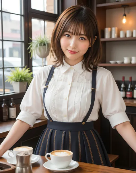 (Highest Quality、table top、8k、Best Picture Quality、超A high resolution:1.5, (photorealistic:1.4),masterpiece:1.2,(top-quality:1.4)、Raw photo)、Woman working at a cafe、maid clothes、maid clothesを着たcafe clerk、(accentuate your body line:1.1)、Portrait of a beaut...
