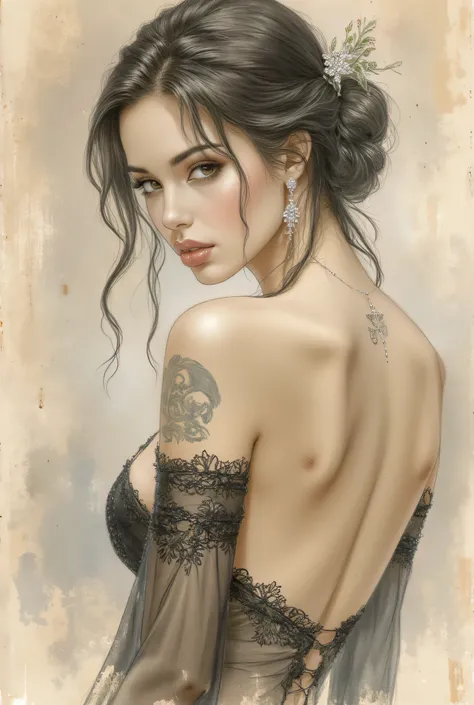 Score_9, score_8_up, score_7_up, ((highest quality)), ((masterpiece)), (be familiar with), Perfect Face, (High definition), (Best Shadow), 8k, cinematic, (Realistic:1.4),dramatic. Comic sex art. Closeup portrait of a beautiful sexy woman with an elegant po...