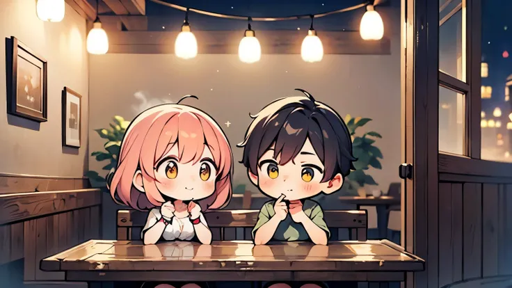 An adorable chibi anime scene set in a cozy nighttime café. A shy young couple (a boy and a girl) sit side by side at a small wooden table under a warm yellow hanging lamp. Through the café window, soft glowing string lights twinkle against the dark night ...
