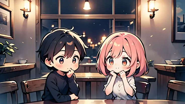 An adorable chibi anime scene set in a cozy nighttime café. A shy young couple (a boy and a girl) sit side by side at a small wooden table under a warm yellow hanging lamp. Through the café window, soft glowing string lights twinkle against the dark night ...