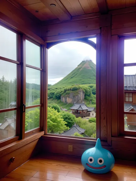 innumerable micro ブルースライム , waterring glass window,   glass window closed and spilt, rainning outside ,inn medieval country style , rainy sky, on the windows are numerous small slimes dragonquest, small 10 slime monsters in dragonwarrior on the window, 遠方に...