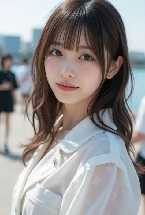 commemorative photo at a park where you can see the ocean、 in 8K,Best Quality:1.4, 超A high resolution:1.5, (photorealistic:1.4),masterpiece:1.2,(top-quality:1.4)、Raw photo、1a japanese girl、Cute、 (RAW Photo:1.2), (photorealistic:1.4), beautiful detailed gi...