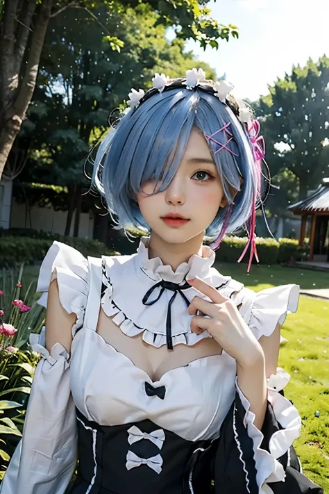 R_そして_メートル、1giRl in、( の美しい顔:1.25)shoRt blue haiR、 青い目 、HaiR above one eye、haiR adoRnments、Pink HaiR Ribbon、Rem's maid unifoRm、袖の離れた、The uppeR paRt of the body、立っている、The uppeR paRt of the body, plein aiR, 邸宅, 夏, gaRden, floRals, The tRee, GRassy, 外, 日光,