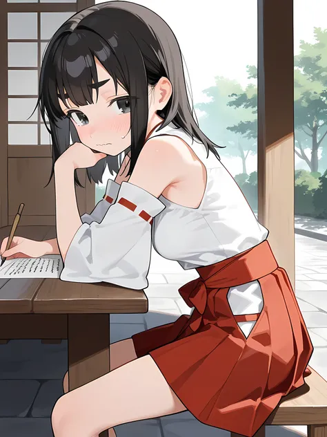 cute girl, schoolgirl, small girl, short girl, tween, (solo), (1girl), (alone), miko, white shirt, white detached sleeves, red trim, hakama skirt, red skirt, (medium breasts), skinny, narrow waist, thighs, black hair, medium hair, double parted bangs, blac...