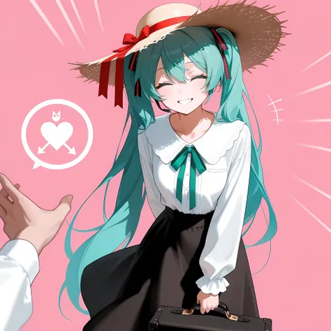 logo musical album by Hatsune Miku with long sleeve white blouse with ruffles on the shoulders, adorned with green ribbons, WHITE AND RED,Long black skirt with colored ribbons decorating it in horizontal lines, straw hat, holding a briefcase, closing eyes...