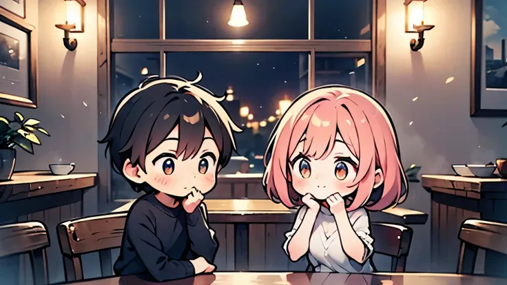 An adorable chibi anime scene set in a cozy nighttime café. A shy young couple (a boy and a girl) sit side by side at a small wooden table under a warm yellow hanging lamp. Through the café window, soft glowing string lights twinkle against the dark night ...