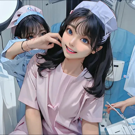 master piece,bestquality,ultra detailed,nurseの制服, SF Lab ,  nurse suit,sitting on an obstetrics and gynecology exam chair, opening my legs, and fixing my legs over、nurse,Big Breasts,lab coat,dark-haired woman,grey eyes , gigantic in priv ,Medical Devices,イ...