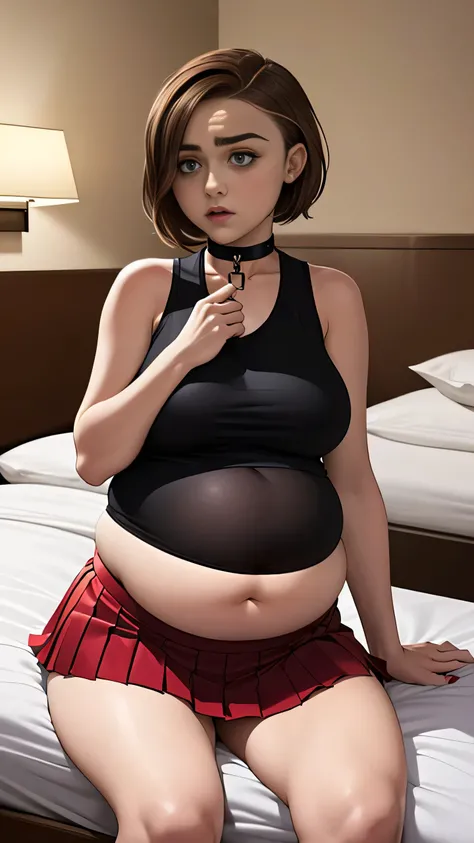 Maisie Williams, (Maisie Williams:1.5), masterpiece quality, (masterpiece quality:1.3), detailed, realistic, (realistic:1.3), 1girl, solo, (solo:1.9), 30 years old, in a fancy hotel bedroom, (in a fancy hotel bedroom:1.5), brown hair, (brown hair:1.5), sho...