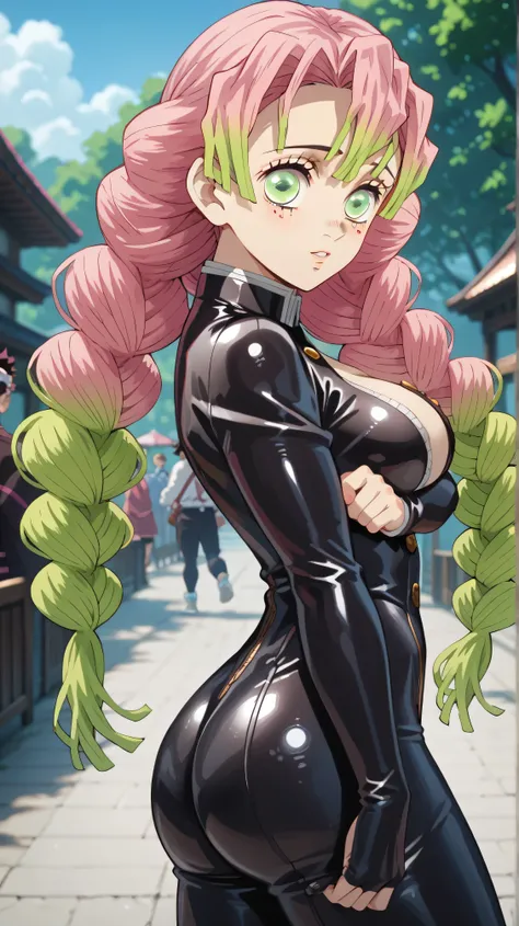 m1tsur1kanr0j1 , Sozinho, cabelo rosa, Braid, long hair, GREEN EYES, birthmark under the eye, bunda, VERY TIGHT BLACK LATEX JUMPSUIT, shiny big butt