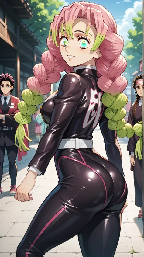 m1tsur1kanr0j1 , Sozinho, cabelo rosa, Braid, long hair, GREEN EYES, birthmark under the eye, bunda, VERY TIGHT BLACK LATEX JUMPSUIT, shiny big butt