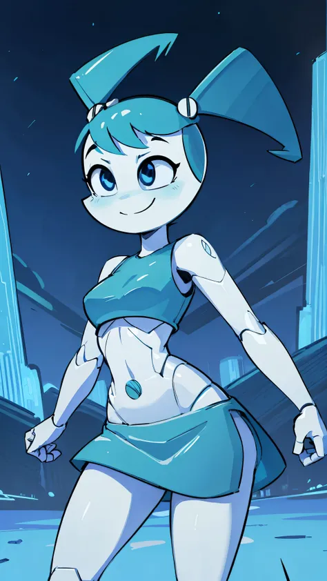 High quality portrait of Jenny Wakeman fighting aliens in a futuristic city. Day time. Smirk. Robot body, robot joints. Blue bolt on belly button, blue mini skirt