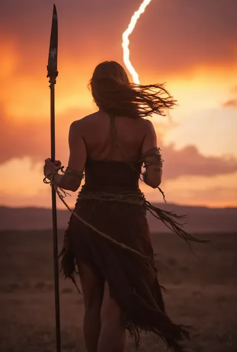 Through the lens of a Sony A7 IV camera paired with an 85mm lens, imagine a scene of serene beauty as the vibrant colors of the sunset combine with a thunderstorm and a barren land, a prehistoric warrior woman runs from the storm, she dressed perfectly in ...