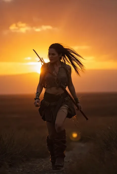 Through the lens of a Sony A7 IV camera paired with an 85mm lens, imagine a scene of serene beauty as the vibrant colors of the sunset combine with a thunderstorm and a barren land, a prehistoric warrior woman runs from the storm, she dressed perfectly in ...