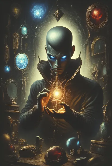 Dark fantasy illustration. Medium shot. A handsome 30-year-old man with aquiline features, blue eyes, and close-cut silver hair, desperately trying to call his girlfriend on his phone, surrounded by angels and devils running amok. Close-up. Inspired by th...