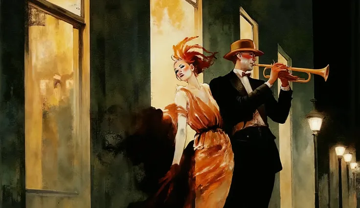 A stunning fashion illustration of a couple strolling through the historic French Quarter of New Orleans, dressed in stylish 1920s evening wear. The man plays a soulful tune on his trumpet under the glow of a streetlamp. The scene is bathed in deep dark gr...