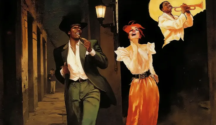 Illustration of a joyful couple walking through the historic streets of New Orleans, with a black man playing trumpet under a streetlamp. The air is thick with music, love, and history, as the scene glows in colors of antique ruby, dark green, and tart ora...