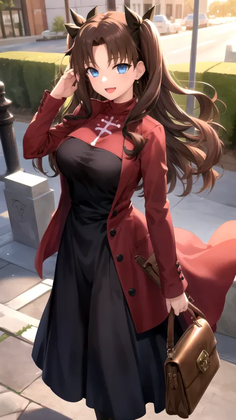 Masterpiece, Best Quality, girl, looking at viewer, Rin Tohsaka Fate Stay Night, Brown hair, blue eyes, large breasts, princess Dress, standing, smile, open mouth, outdoors 
