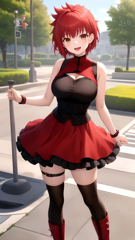 Masterpiece, Best Quality, girl, looking at viewer, Shirou Emiya, Red hair, spiked hair, short hair, Brown Eyes, large breasts, sleeveless idol dress, very puffy skirt, flared skirt, thigh highs, heeled boots, standing, smile, open mouth, outdoors