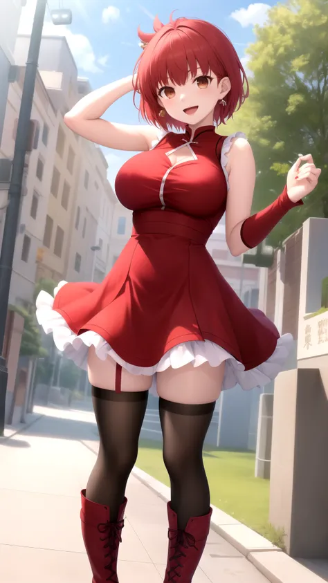 Masterpiece, Best Quality, girl, looking at viewer, Shirou Emiya, Red hair, spiked hair, short hair, Brown Eyes, large breasts, sleeveless idol dress, very puffy skirt, flared skirt, thigh highs, heeled boots, standing, smile, open mouth, outdoors