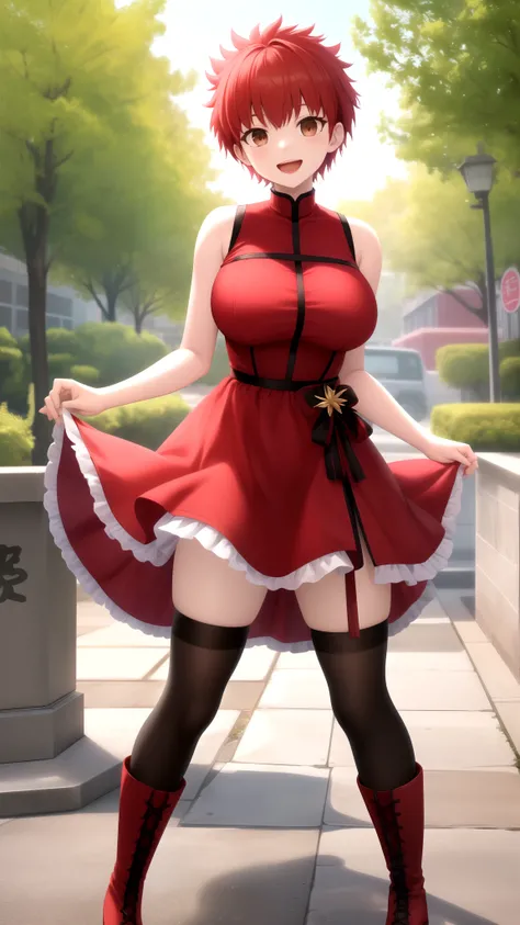 Masterpiece, Best Quality, girl, looking at viewer, Shirou Emiya, Red hair, spiked hair, short hair, Brown Eyes, large breasts, sleeveless idol dress, very puffy skirt, flared skirt, thigh highs, heeled boots, standing, smile, open mouth, outdoors