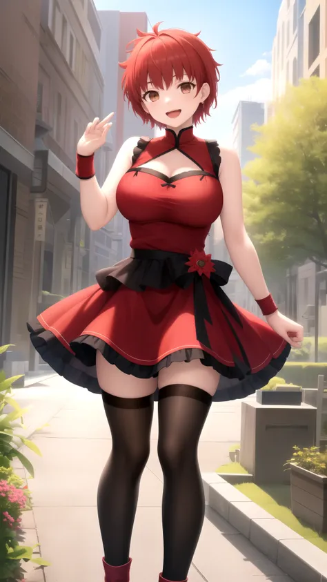 Masterpiece, Best Quality, girl, looking at viewer, Shirou Emiya, Red hair, spiked hair, short hair, Brown Eyes, large breasts, sleeveless idol dress, very puffy skirt, flared skirt, thigh highs, heeled boots, standing, smile, open mouth, outdoors