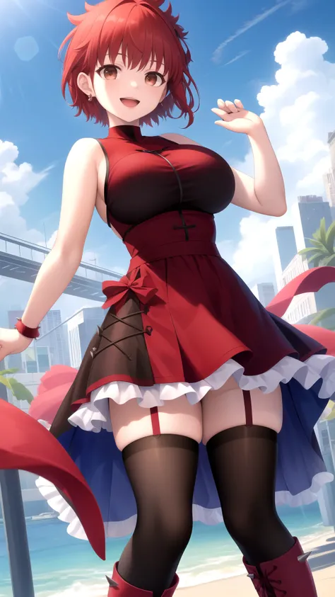 Masterpiece, Best Quality, girl, looking at viewer, Shirou Emiya, Red hair, spiked hair, short hair, Brown Eyes, large breasts, sleeveless idol dress, very puffy skirt, flared skirt, thigh highs, heeled boots, standing, smile, open mouth, outdoors