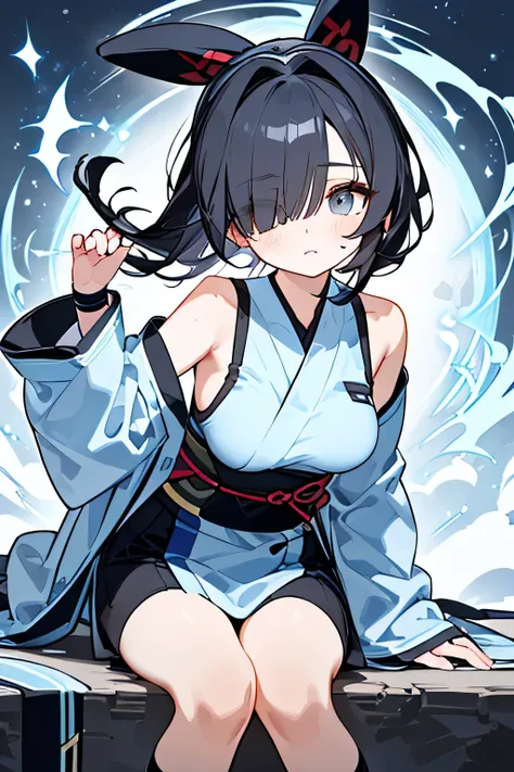 NINJA WIND,((Hair covering one eye)),mystical atmosphere, natural body,(Long-sleeved kimono+sleeveless+shorts+knee-high socks=Light blue ninja costume,), socks,detailed clothes,(slender figure,marshmallow breasts ,),beautiful black hair,well-groomed face,c...