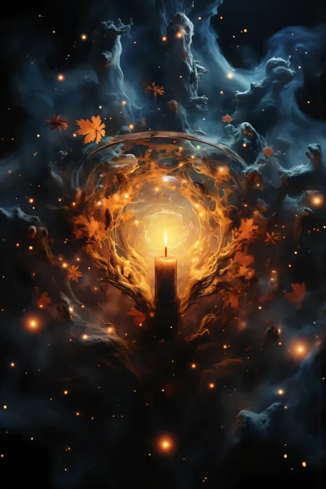 Autumn dreams, night, representation of solitude, a solitary candle, abstract, sci fi, realistic, abstract and concrete concepts coincide, words are not enough, sfw, sadness, relaxing ambience, Light and Shadow