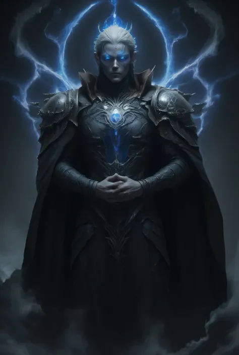 Hyperreal Cinematic Full body shot of a confident man with short, white hair and bright blue eyes that glow behind sharp aquiline facial features. He is impeccably dressed in a sleek, black, high-collared coat and tailored ves twith intricate angelic scri...