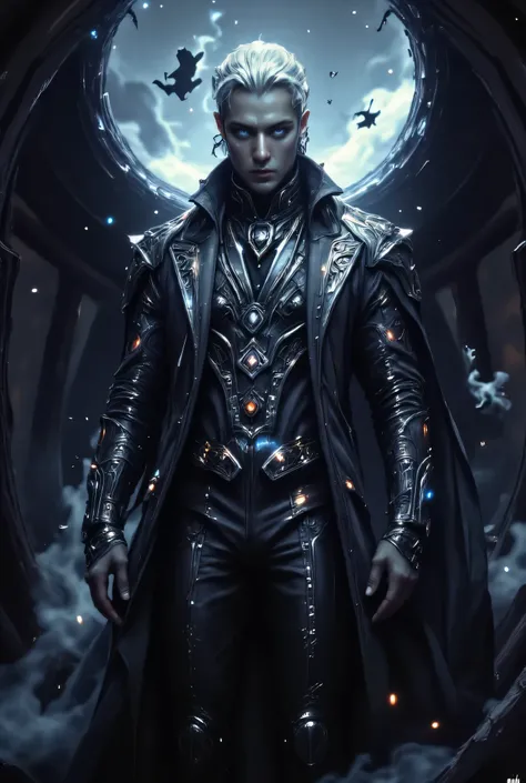 Hyperreal Cinematic Full body shot of a confident man with short, white hair and bright blue eyes that glow behind sharp aquiline facial features. He is impeccably dressed in a sleek, black, high-collared coat and tailored ves twith intricate angelic scri...