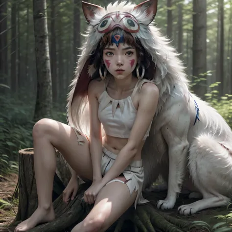 (Masterpiece), best quality, 8k wallpaper, Super detailed, young beautiful girl,, highest quality, 1girl, dark short hair with bangs, beautiful face, (13-years-old), wearing a thin white skirt, a torn white crop top (underboop showing naked breasts undern...