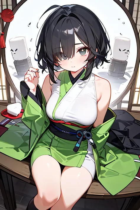 NINJA WIND,((Hair covering one eye)),Mysterious Vibes, natural body,(Long-sleeved kimono+sleeveless=green ninja costume,), socks,detailed clothes,(slender figure,marshmallow breasts ,),beautiful black hair,well-groomed face,clear skin,Fair skin,Japanese fa...