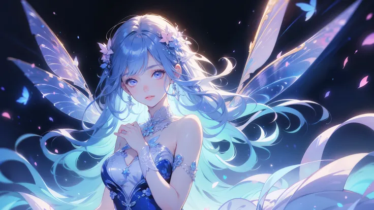 1 girl on break day,((( Highest Quality 、greatest masterpiece 、 high resolution、 very well detailed )))、Cute star fairy、 long hair、Shiny light blue hair color、 A beautiful anime style fairy girl、It has twinkling, fairy-like wings、wearing a dress with spark...