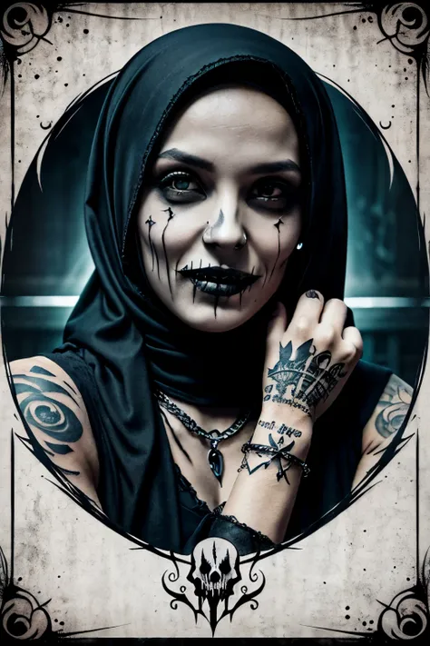 Draw a black skinny girl, wearing hijab with evil smile, gothic style and gothic accessories, with a dark tattoo on face and hands,scary movie poster