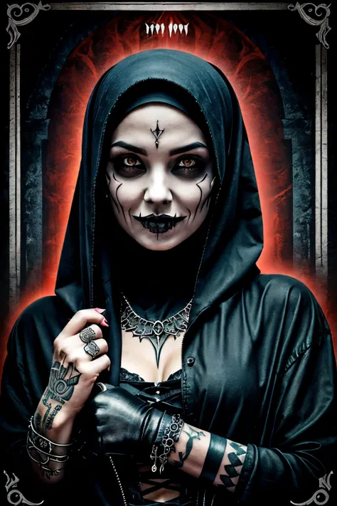 Draw a black skinny girl, wearing hijab with evil smile, gothic style and gothic accessories, with a dark tattoo on face and hands,scary movie poster