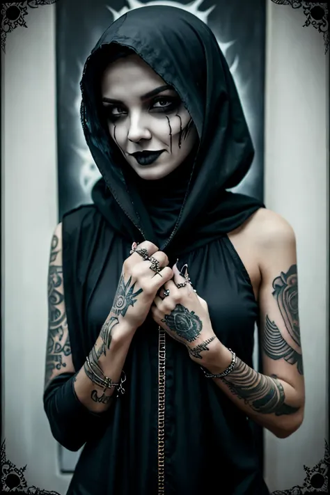 Draw a black skinny girl, wearing hijab with evil smile, gothic style and gothic accessories, with a dark tattoo on face and hands,scary movie poster with long nails