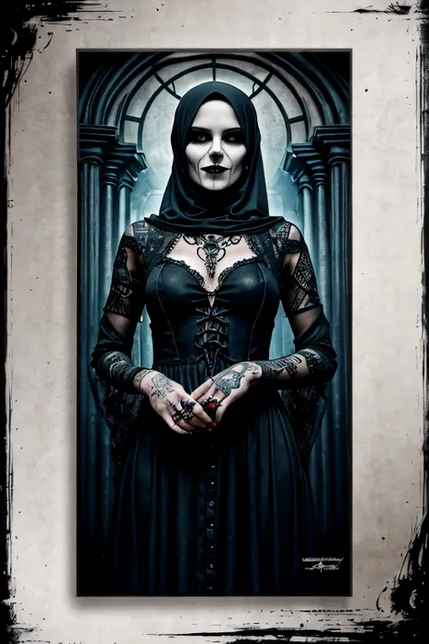 Draw a black skinny girl, wearing hijab with evil smile, gothic style and gothic accessories, with a dark tattoo on face and hands,scary movie poster with long nails and wearing a long red dress